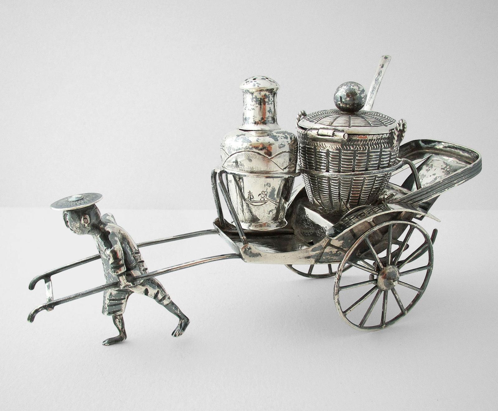 Antique Chinese Export Solid Silver Rickshaw Cart Cruet Set Pepper Shaker Salt Mustard Pot, Tuck Chang & Co. c.1900 (1 of 9)