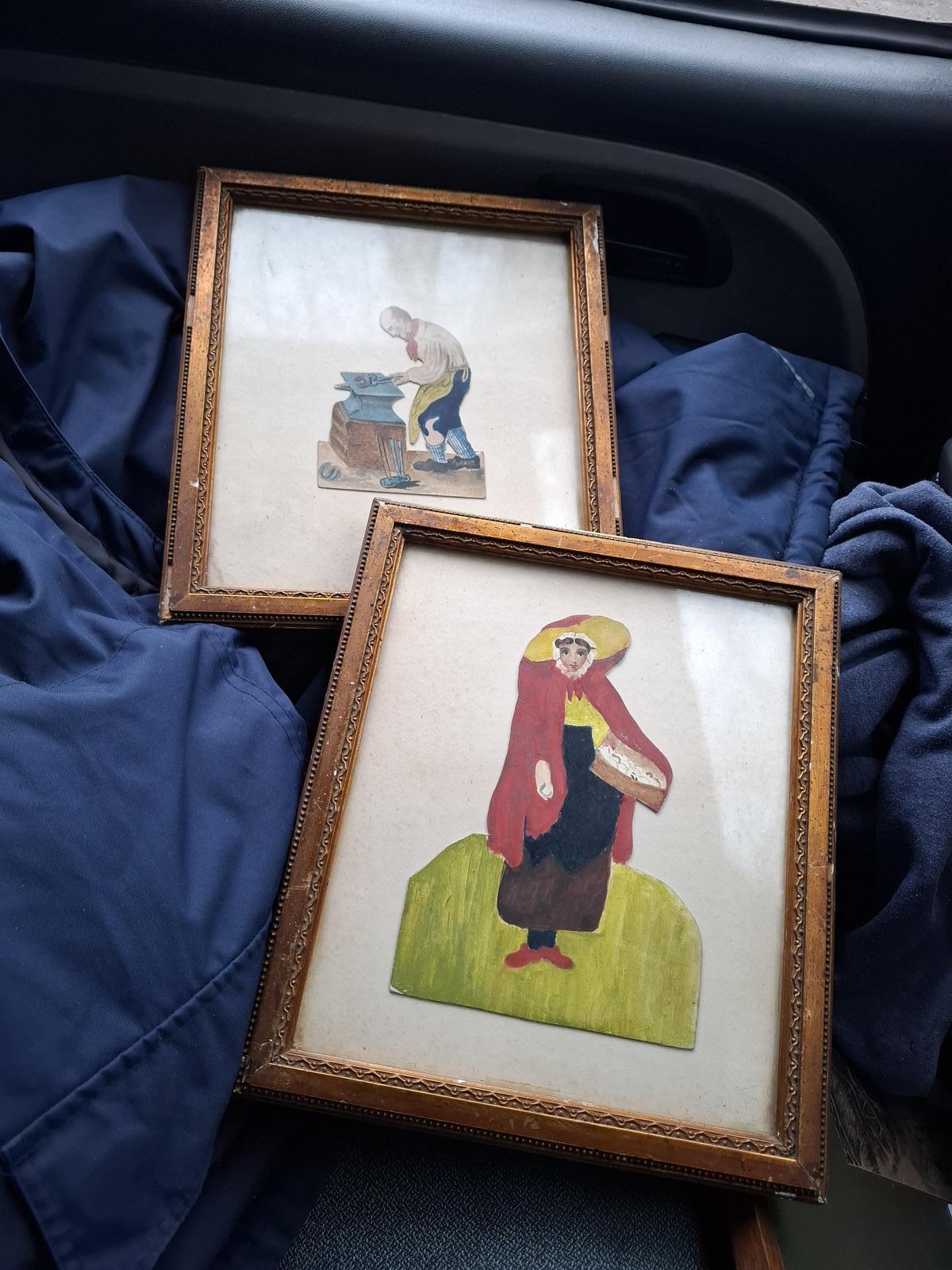Pair of 19th Century Naive Folk Art Cut-paper Watercolours - Blacksmith & Lady (1 of 7)