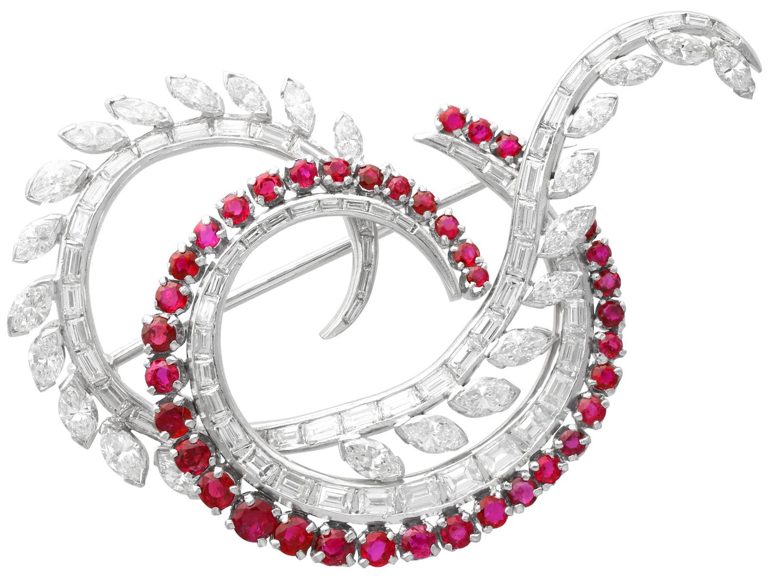 Vintage 7.35ct Diamond & 1.95ct Ruby, Platinum Brooch c.1950 (1 of 9)