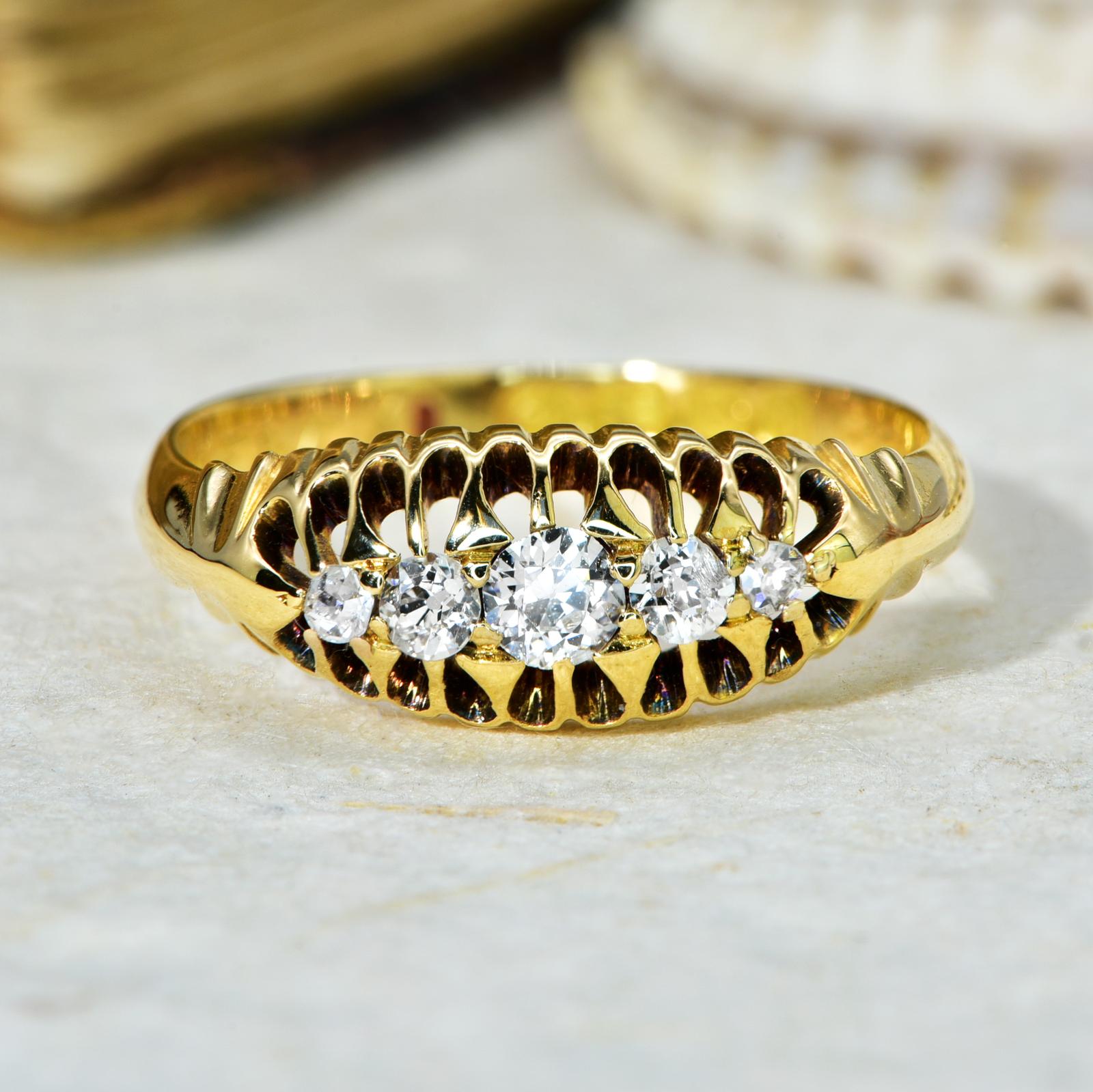 The Antique Edwardian Engraved Gold & Five Diamond Ring (1 of 9)