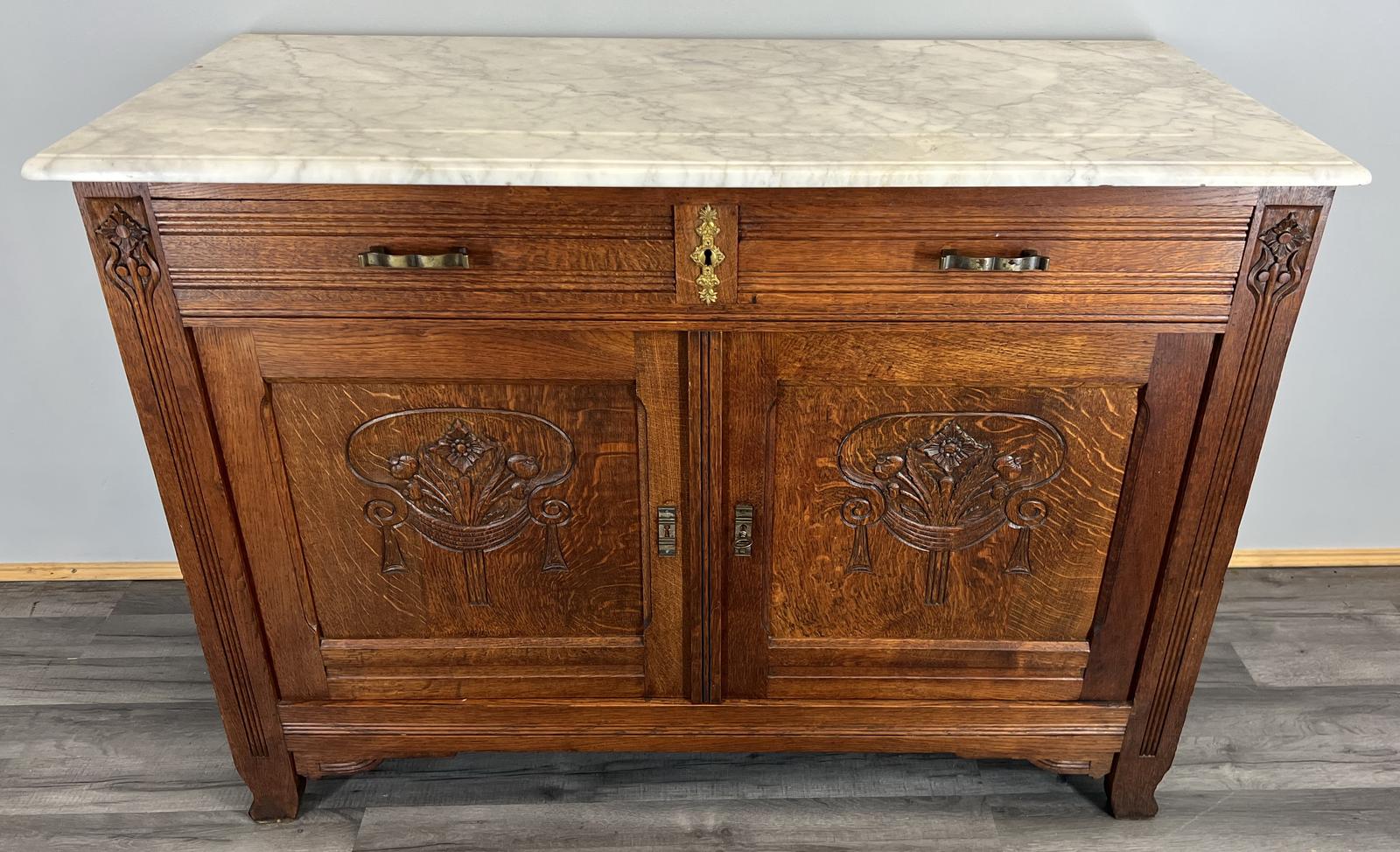 Antique Oak French Marble-top Sideboard - Vintage Cabinet / Cupboard (1 of 17)