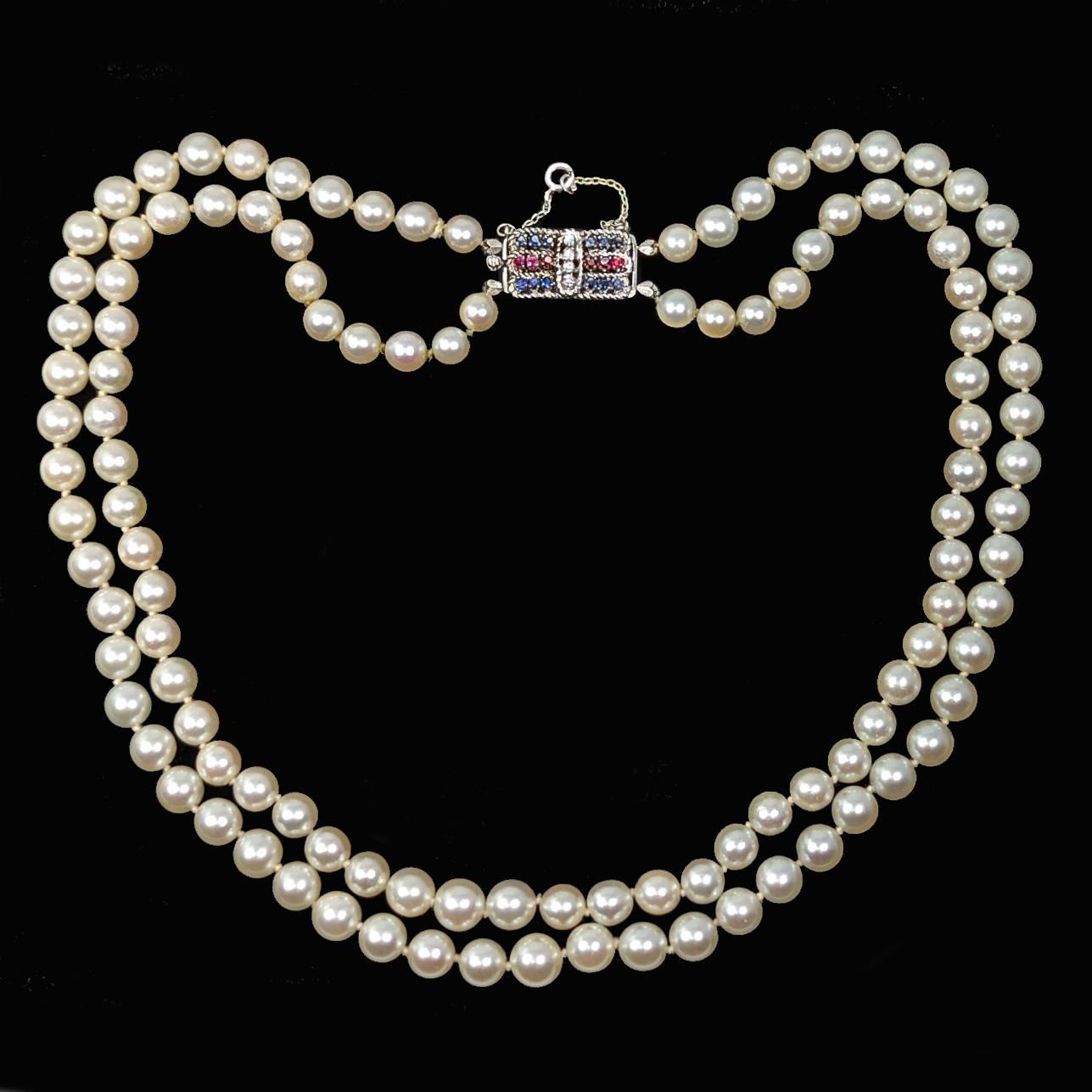 Double Strand Pearl Necklace Diamond Ruby Sapphire 18ct Gold Clasp 1960s Pearls (1 of 7)