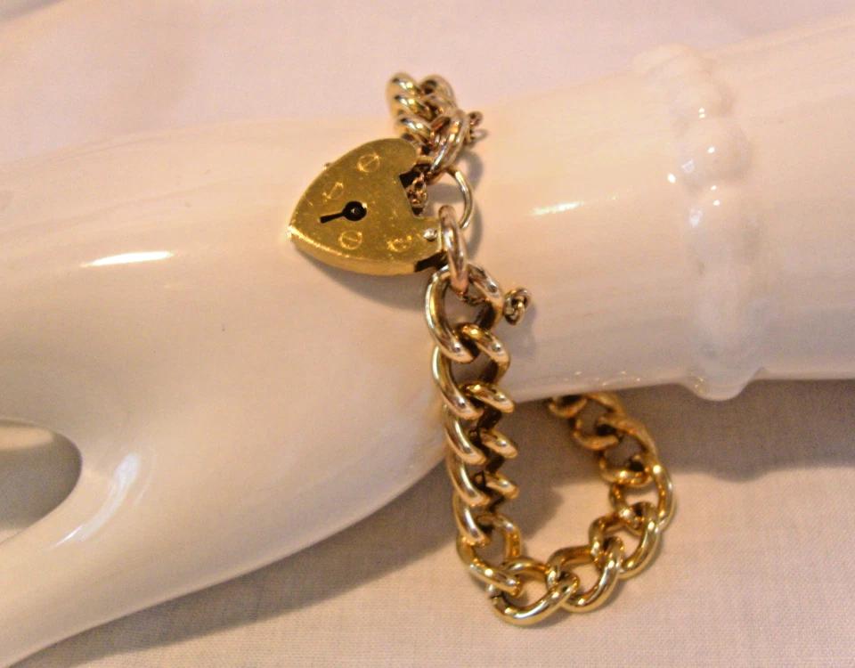 Bracelet 9ct Rolled Gold Vintage 1940s Chunky Curb Link With Love Heart Padlock (1 of 11)