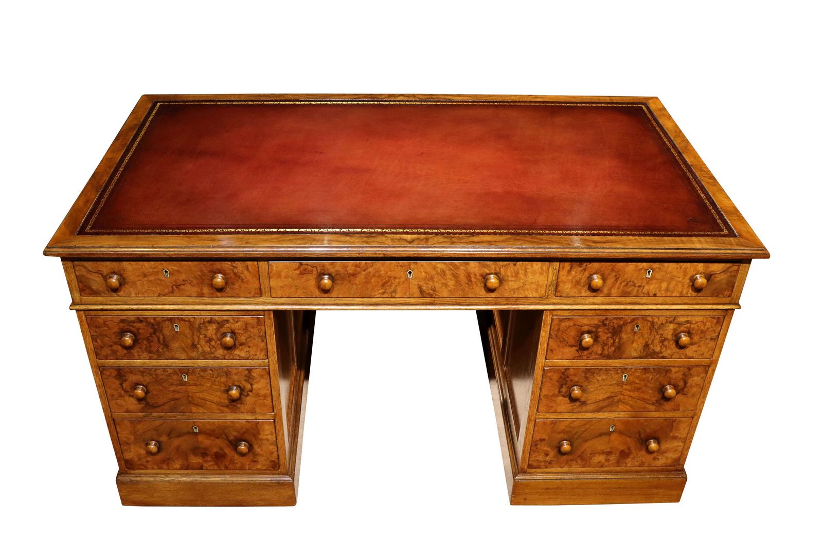 Victorian Burr Walnut & Oak Pedestal Desk with Leather Top c.1880 (1 of 7) Victorian Burr Walnut & Oak Pedestal Desk with Leather Top c.1880 (1 of 7)