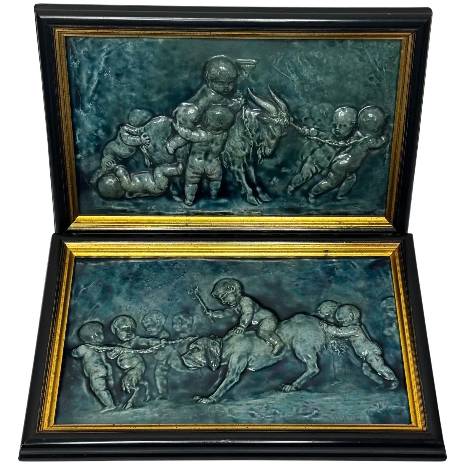 Pair of Arts & Crafts Turquoise-glazed Relief Plaques, Children with Dog & Goat c.1909 (1 of 57)