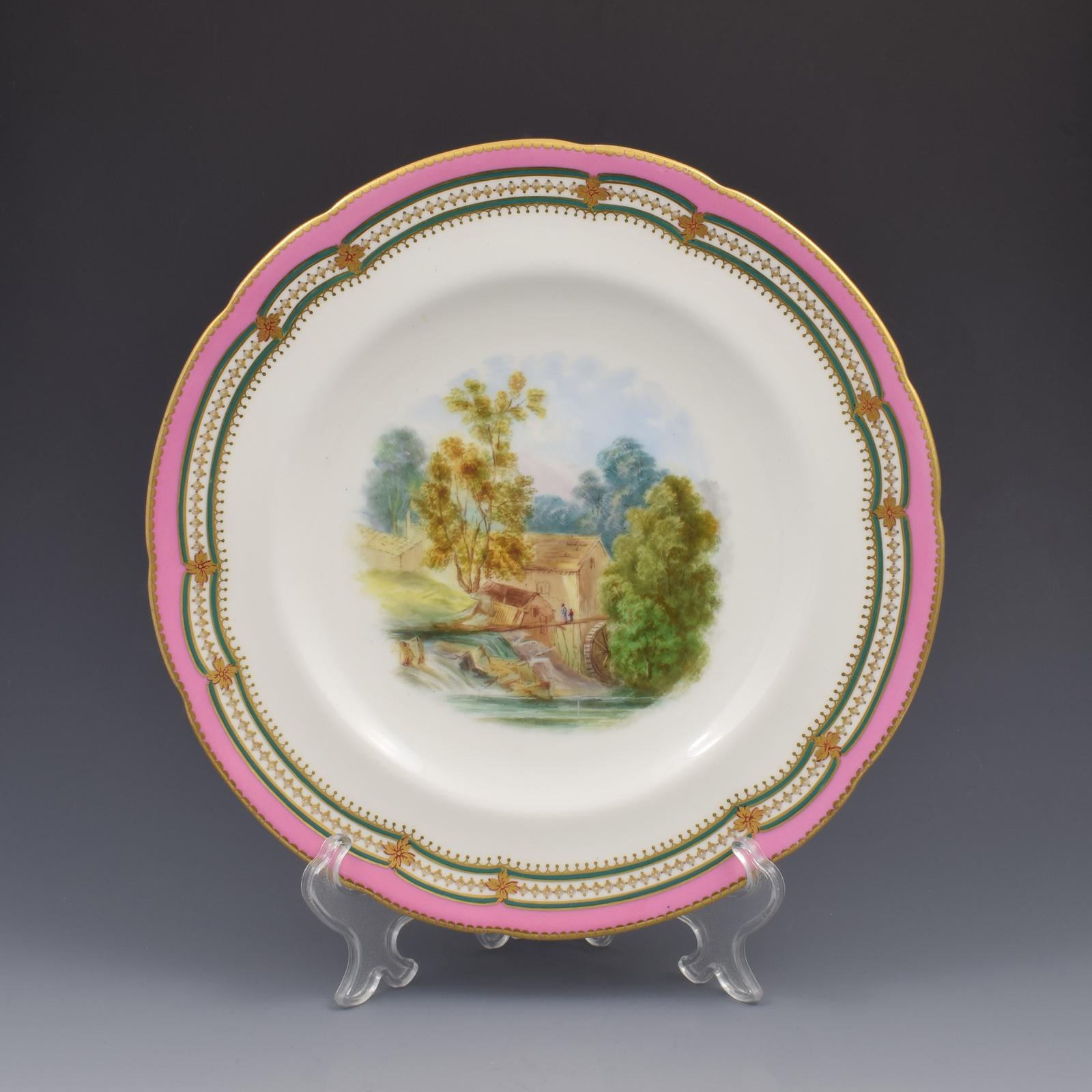 Stunning Minton Porcelain Pearl Jewelled Landscape Dessert Plate Pink Ground (1 of 8)