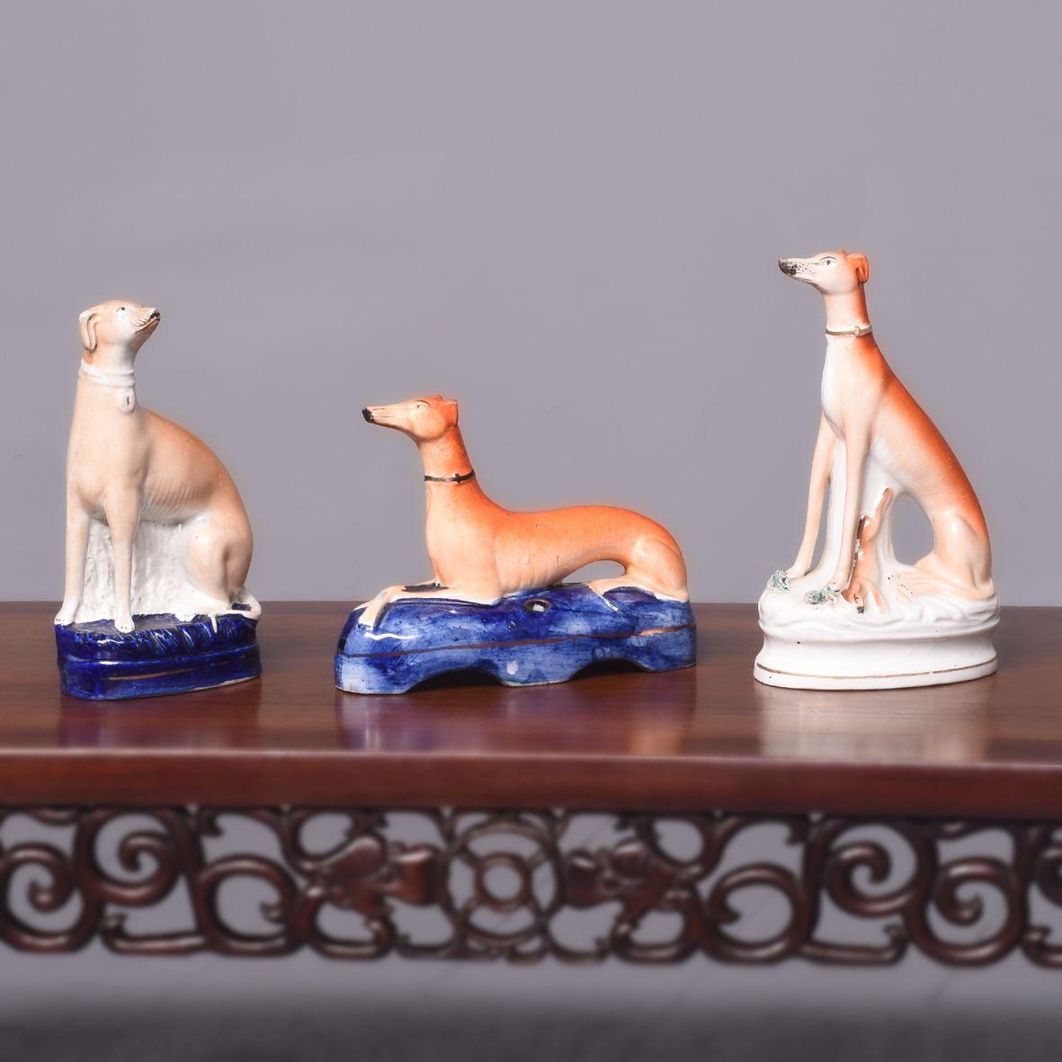 Three Original Victorian Elegant Staffordshire Figures of Greyhounds on Plinths (1 of 10) Three Original Victorian Elegant Staffordshire Figures of Greyhounds on Plinths (1 of 10)