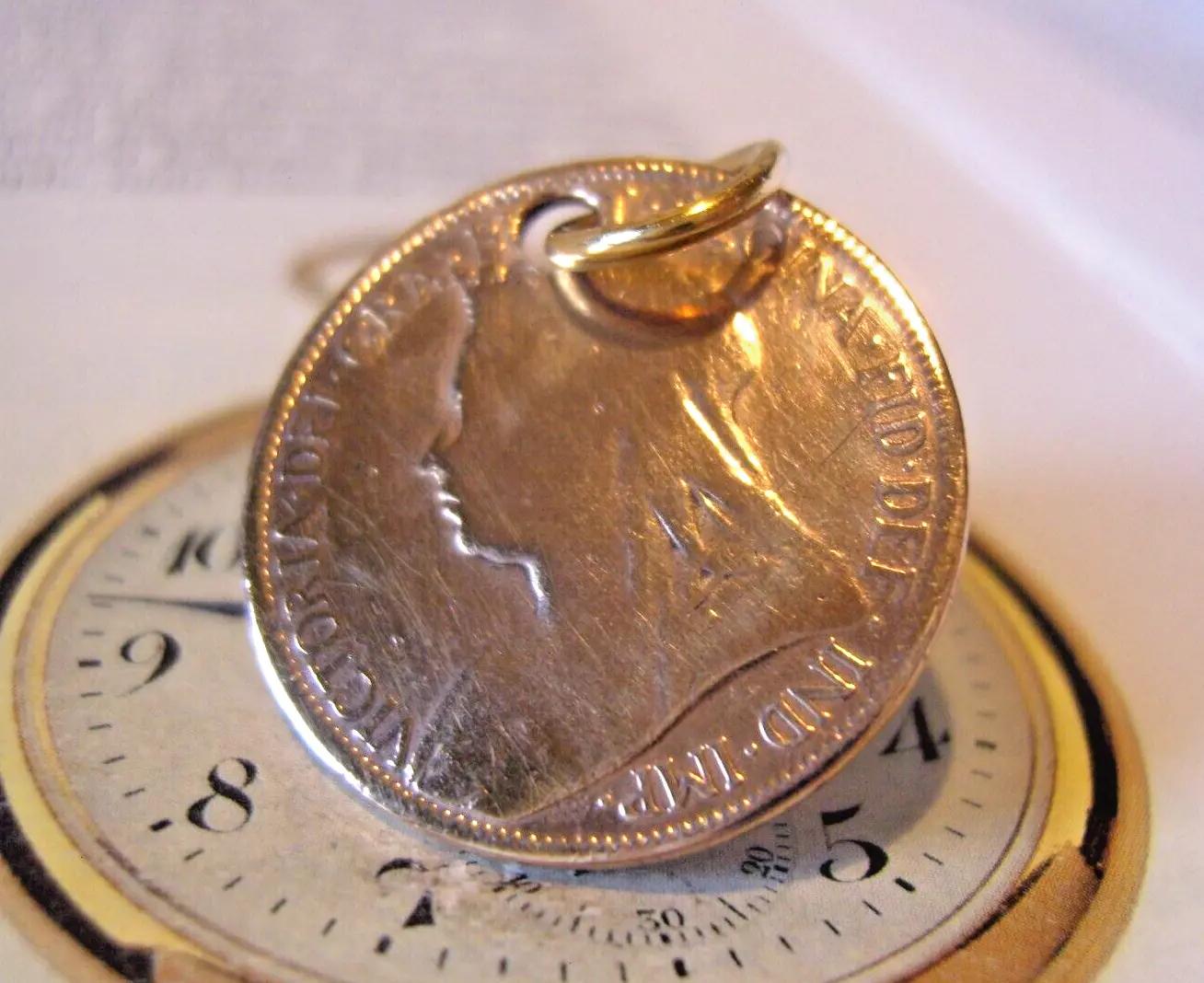 1897 Pocket Watch Chain Coin Fob Victorian English Half Penny Fob (1 of 4)