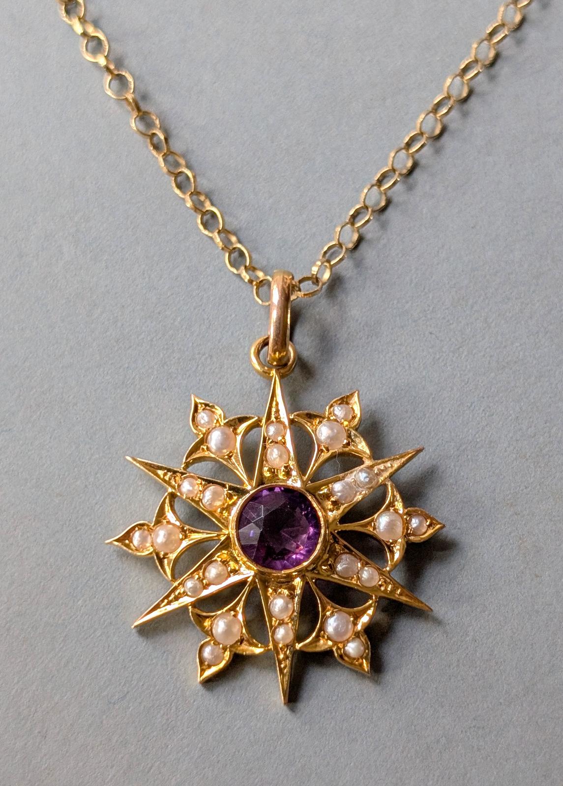 Victorian 9ct Gold Pearl Amethyst Star Pendant & Chain (1 of 10) Victorian 9ct Gold Pearl Amethyst Star Pendant & Chain (1 of 10)