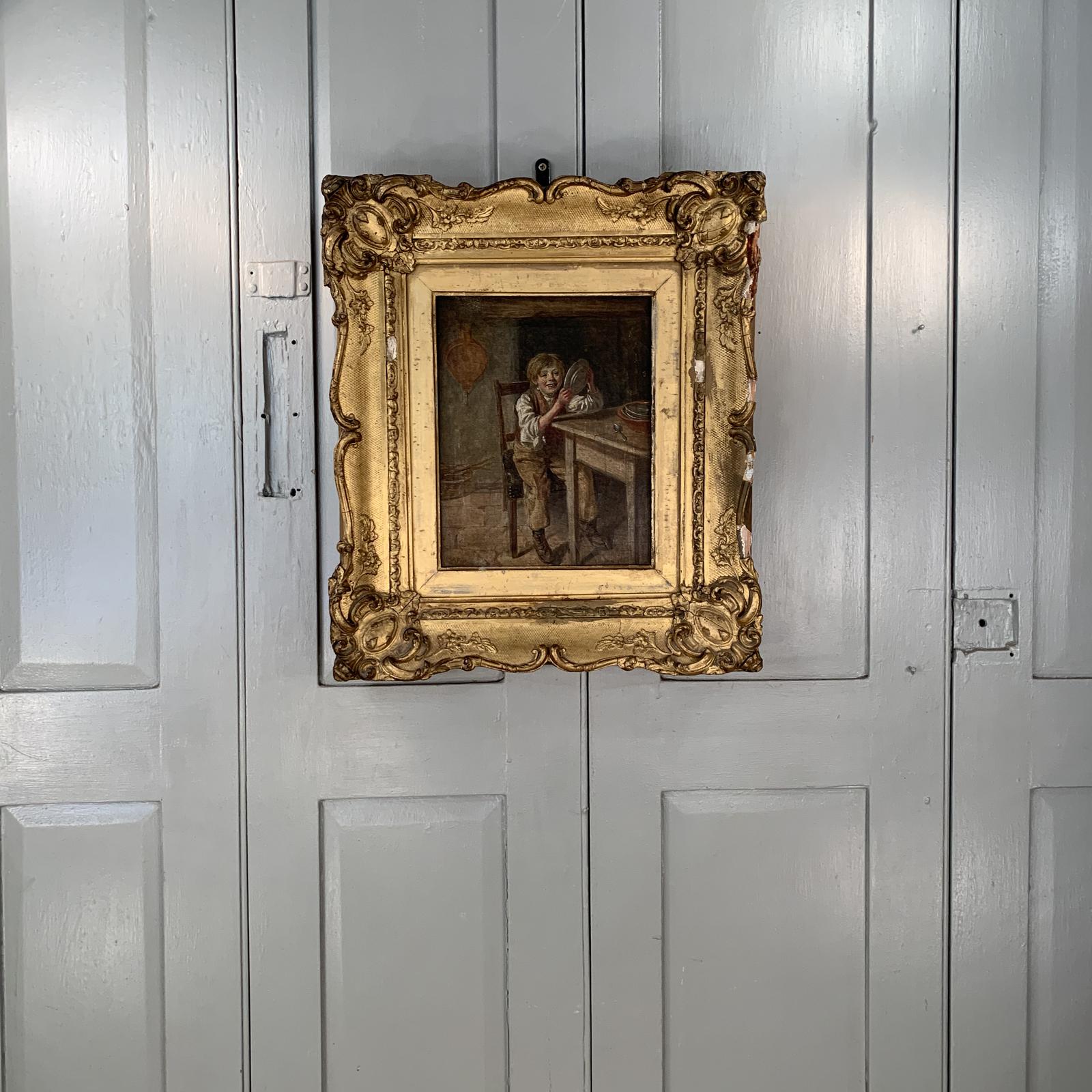 Antique Georgian oil painting study of boy in kitchen scullery with pewter plate (1 of 10)