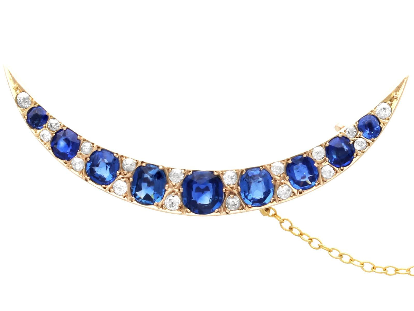 Antique 3.70ct Sapphire, 0.48ct Diamond & 9ct Yellow Gold Crescent Brooch c.1920 (1 of 9)
