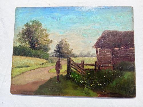 Antique Landscape With Figure Oil on Wooden Board English School (1 of 6) Antique Landscape With Figure Oil on Wooden Board English School (1 of 6)