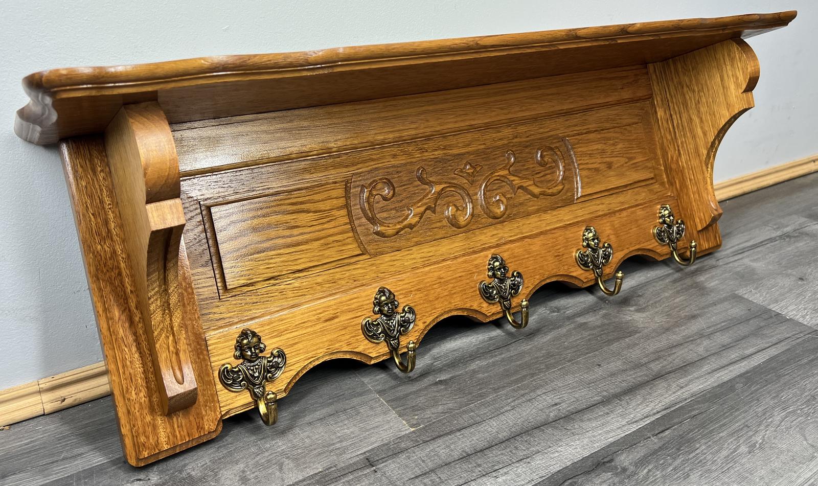 French Vintage Coat Rack Oak 5 Hooks Wall Shelf Carved Coat Hanger (1 of 9)