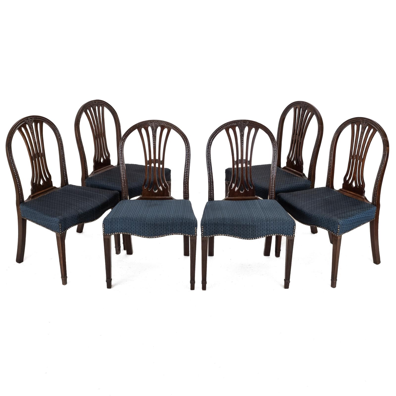 Set of 6 Mahogany Hepplewhite Dining Chairs, Circa 1870, 19th Century, Horsehair Fabric Upholstery (Georgian, George III Style, Side Chairs) (1 of 30)