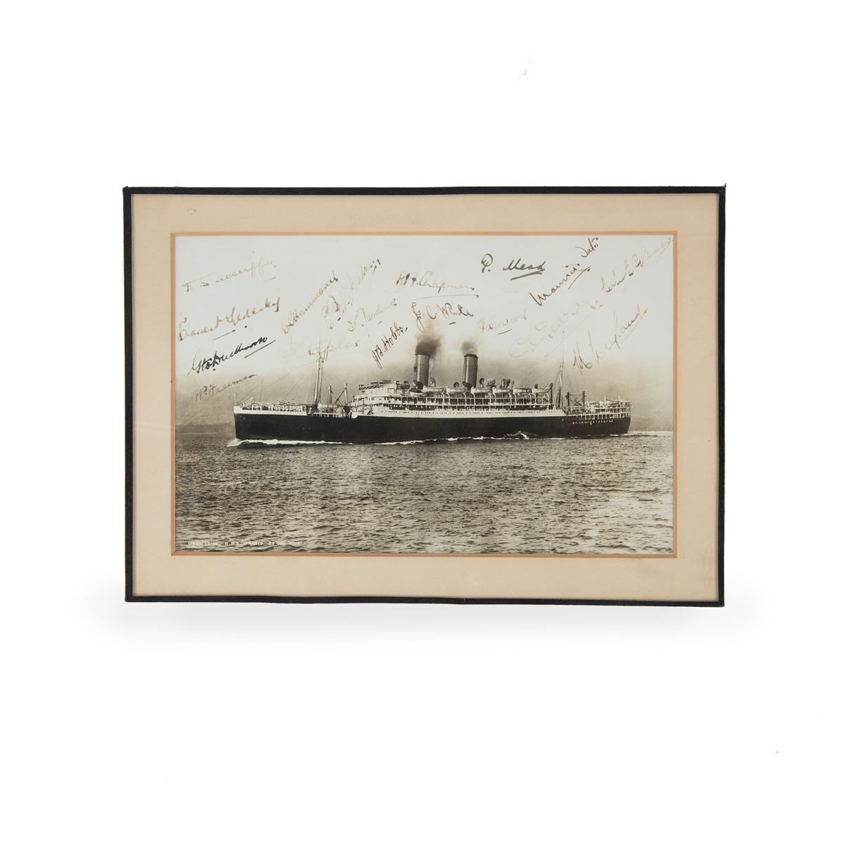 A Team-signed Gelatin Print Photograph of the R.M.S. Otranto Carrying the Visiting M.C.C Cricket Team to Australia in 1928 (1 of 3) A Team-signed Gelatin Print Photograph of the R.M.S. Otranto Carrying the Visiting M.C.C Cricket Team to Australia in 1928 (1 of 3)