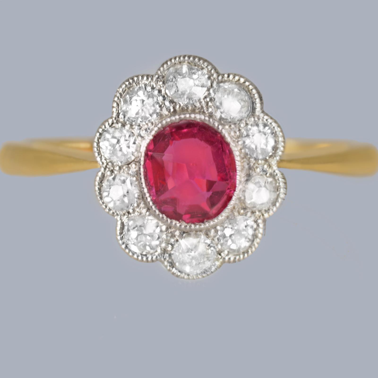 1950s Ruby & Diamond Cluster Ring in 18ct Gold & Platinum with Gemmological Report (1 of 15) 1950s Ruby & Diamond Cluster Ring in 18ct Gold & Platinum with Gemmological Report (1 of 15)