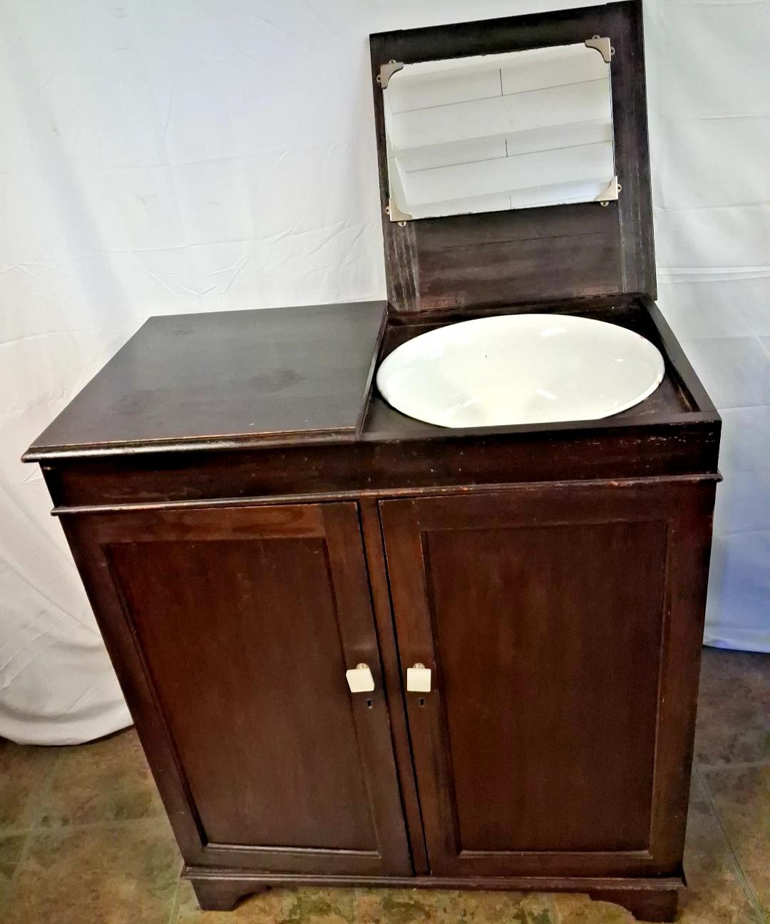 Antique Washstand with Enamelled Bowl & Lift Top Mirror (1 of 8)