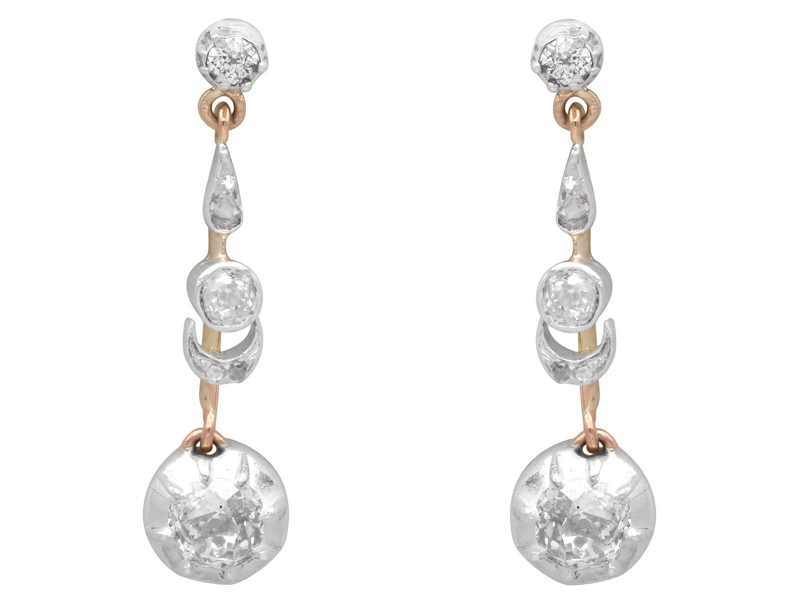 Antique 0.84ct Diamond & 18k Yellow Gold Drop Earrings c.1890 (1 of 15)