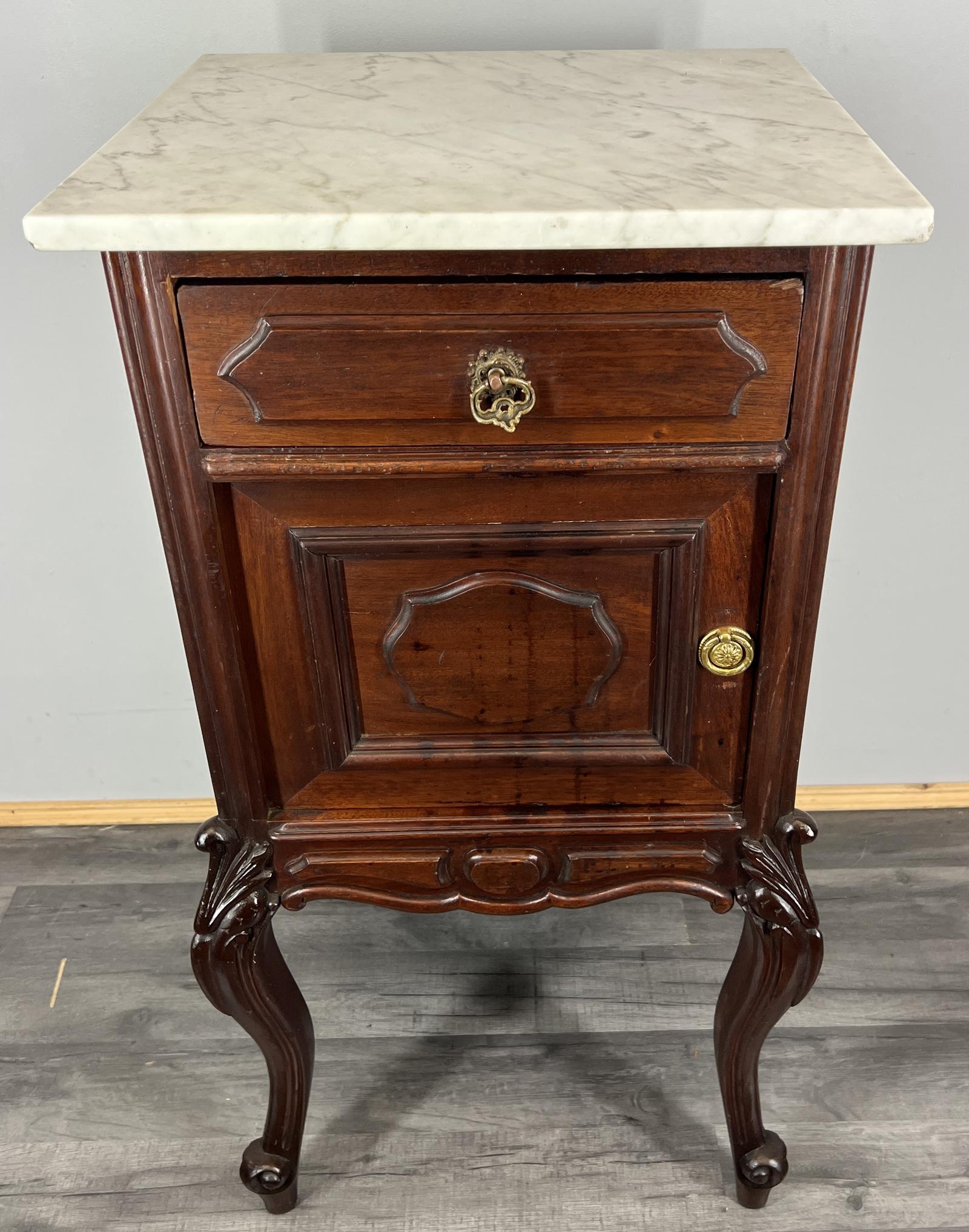 Bedside Table Antique French Marble Top Walnut Carved Cabinet (1 of 15)