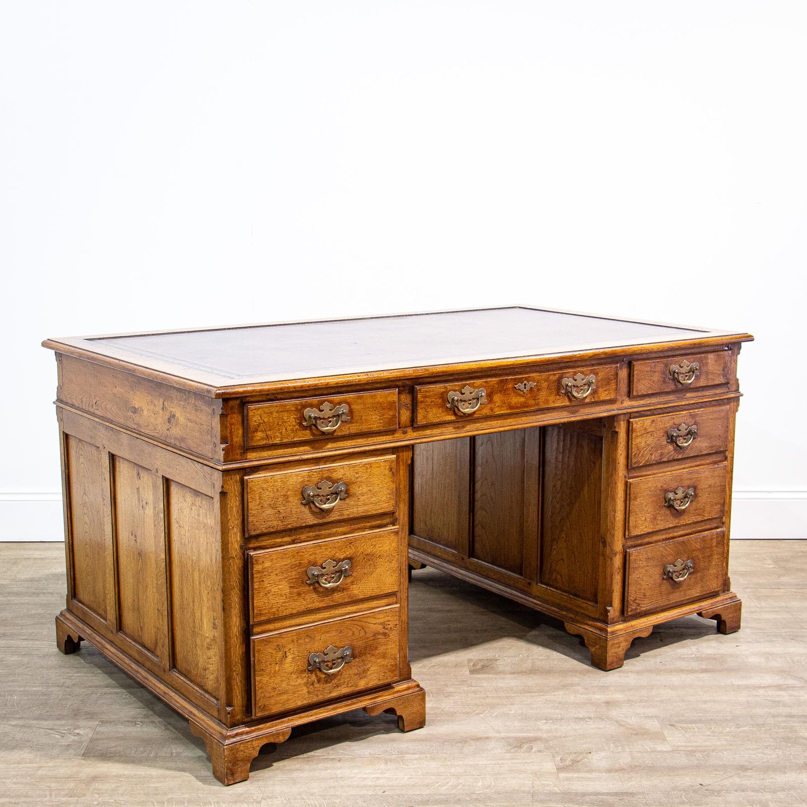 Large Oak Pedestal Desk with Brown Leather Top (1 of 12)