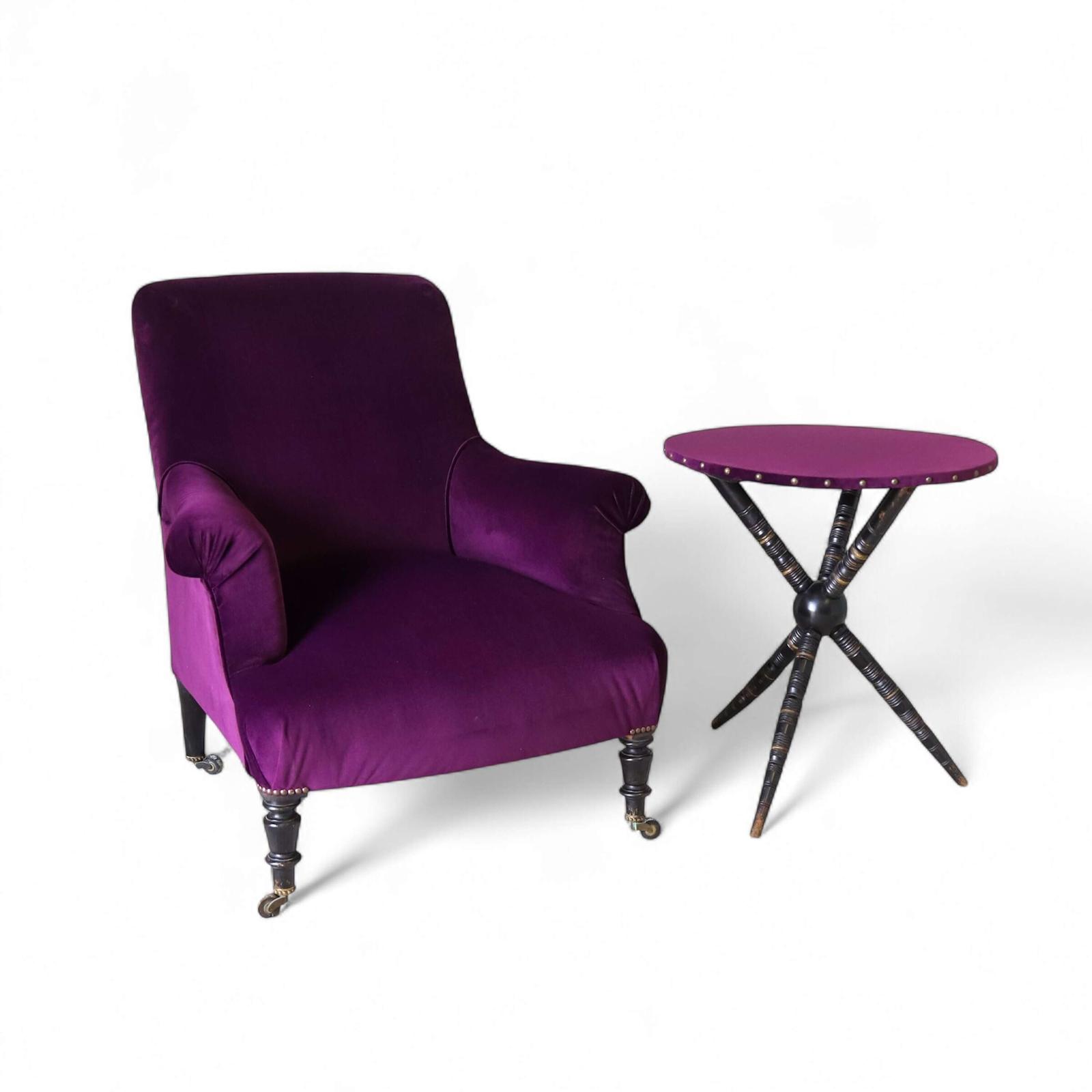 Napoleon III Armchair & Aesthetic Movement Gypsy Table in Designers Guild Purple Velvet (1 of 4)
