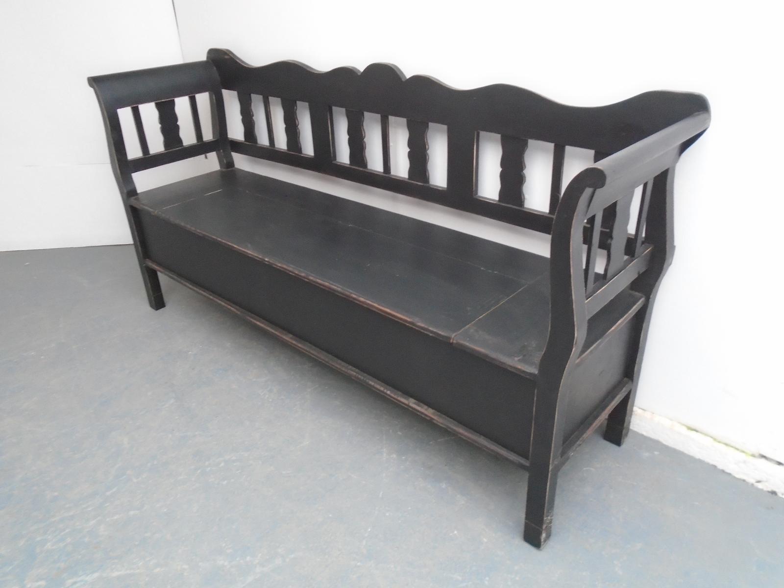 Black & Red Painted Antique Pine Seater Box Settle / Bench (1 of 9)