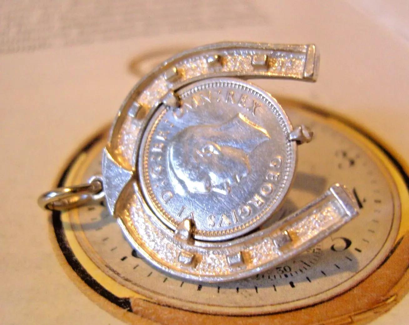 Pocket Watch Chain Horseshoe Fob Silver 1944 Three Pence Coin Equestrian Fob (1 of 8)