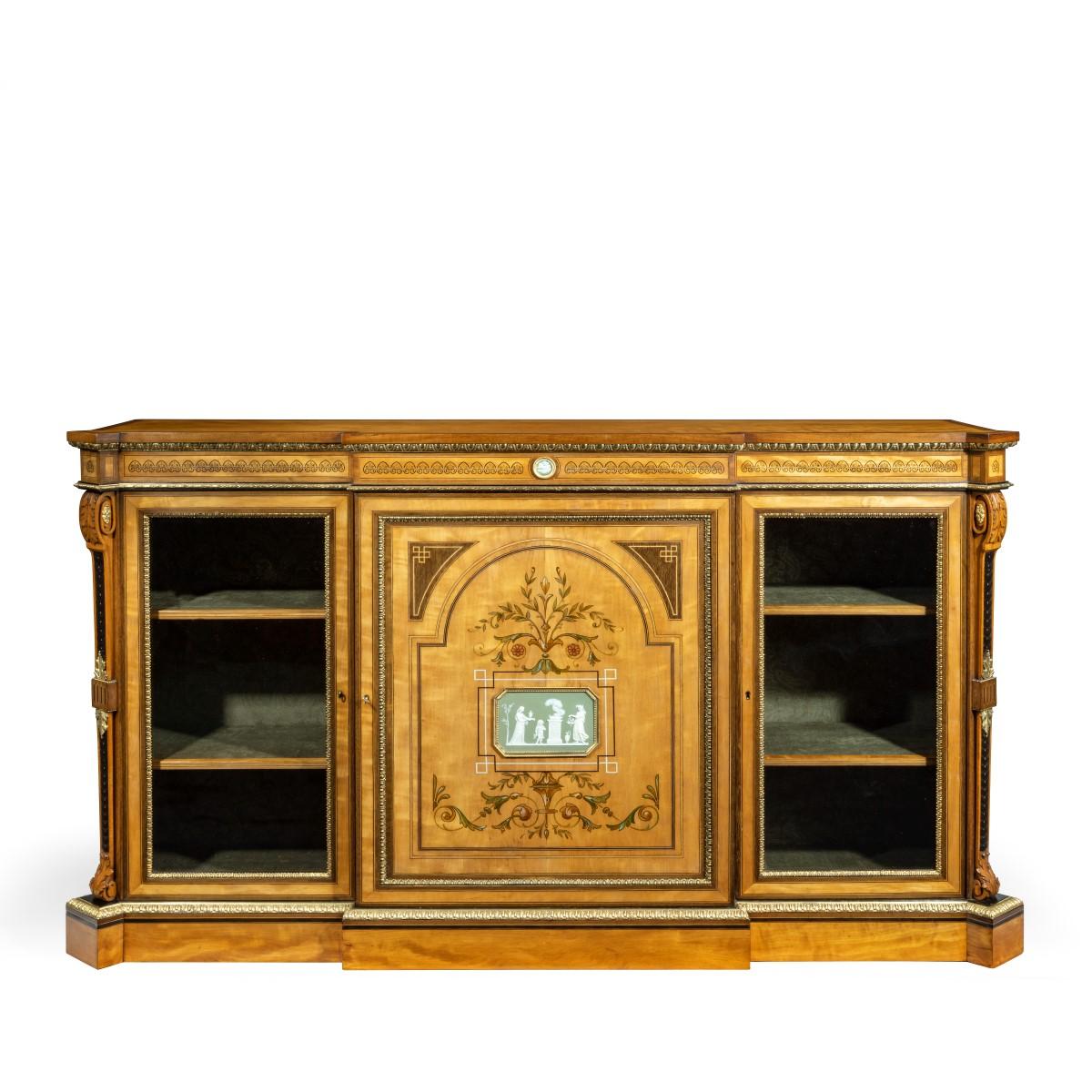 Victorian Satinwood Breakfront Side Cabinet with Wedgwood Plaques Attributed to Dyer & Watts (1 of 21)