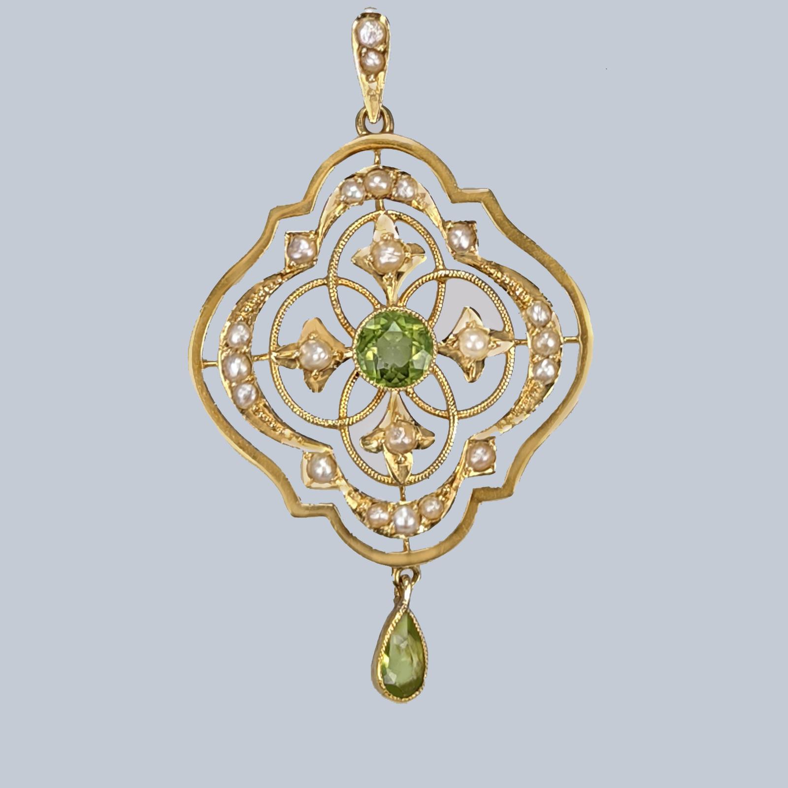 Art Nouveau Peridot & Seed Pearl Pendant 15ct Gold Antique Edwardian c.1905 (1 of 6)
