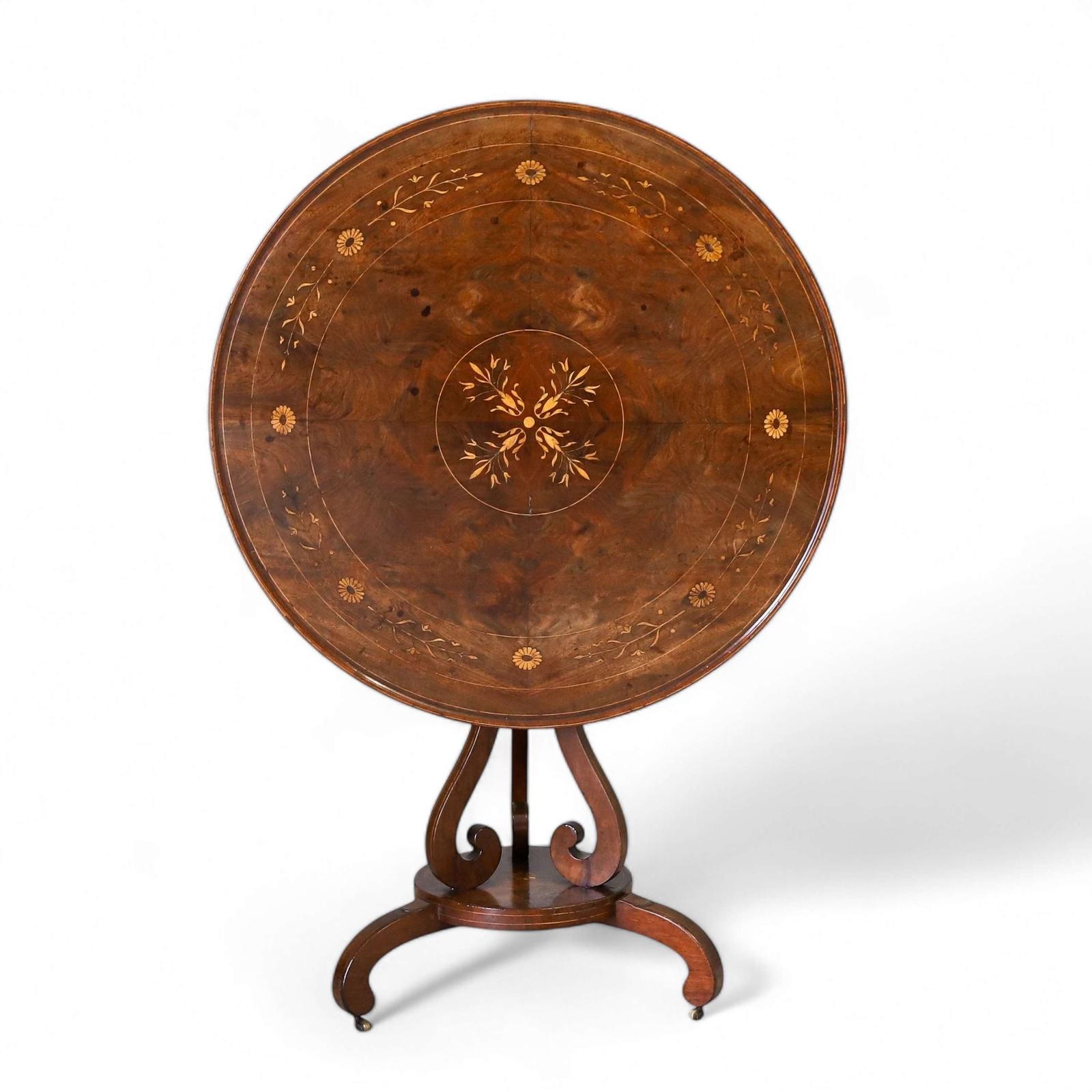 French 19th Century Walnut Snap Top Table Marquetry Inlay c. 1840 (1 of 11)