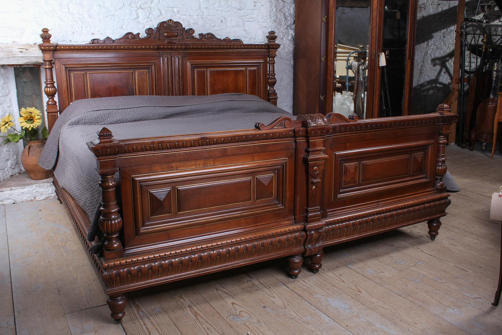 Very Handsome Solid Walnut Henri II Style Emperor Size Bed (1 of 10)