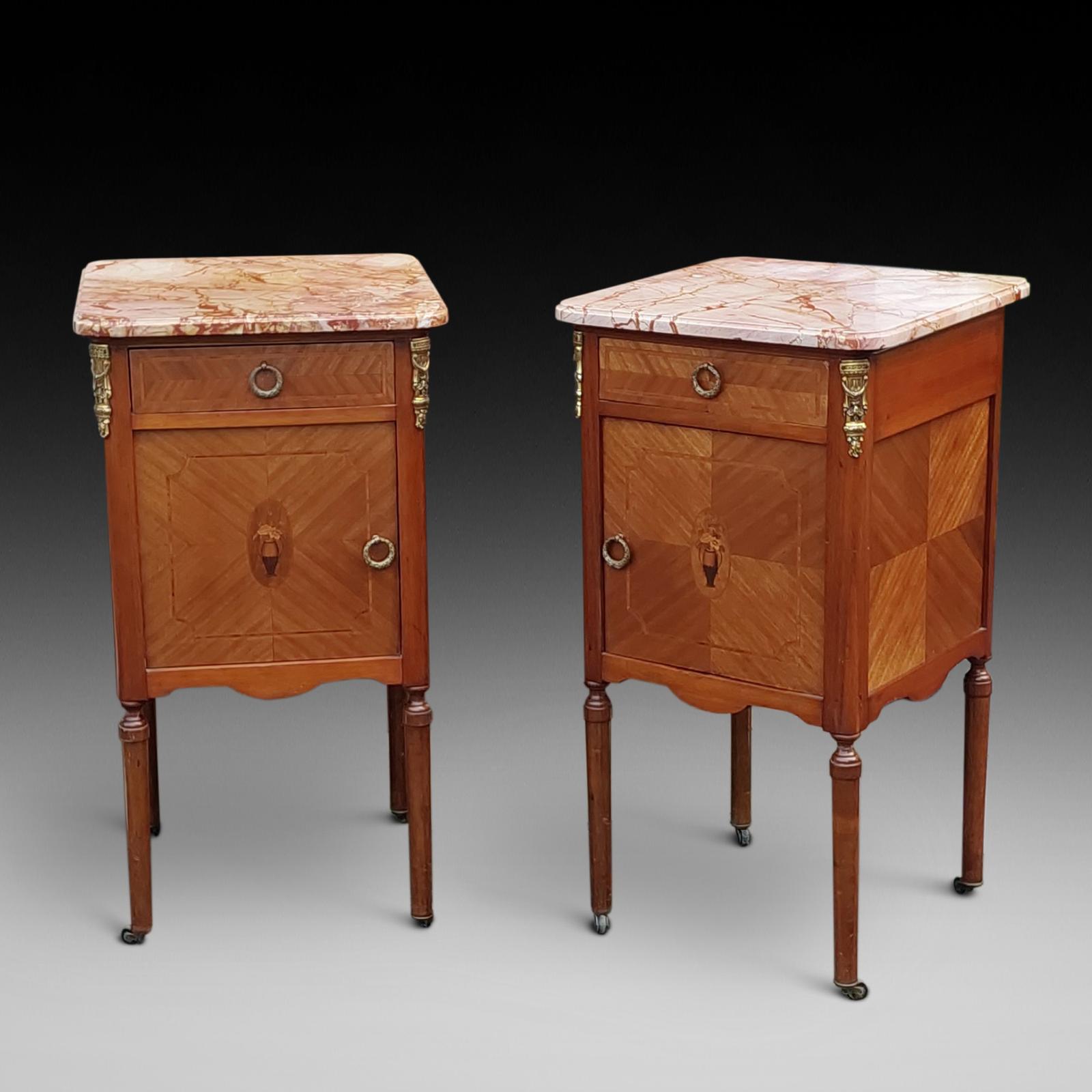 Pair of Late 19thc French Walnut Inlaid Marble Top Bedside Cabinets (1 of 9)
