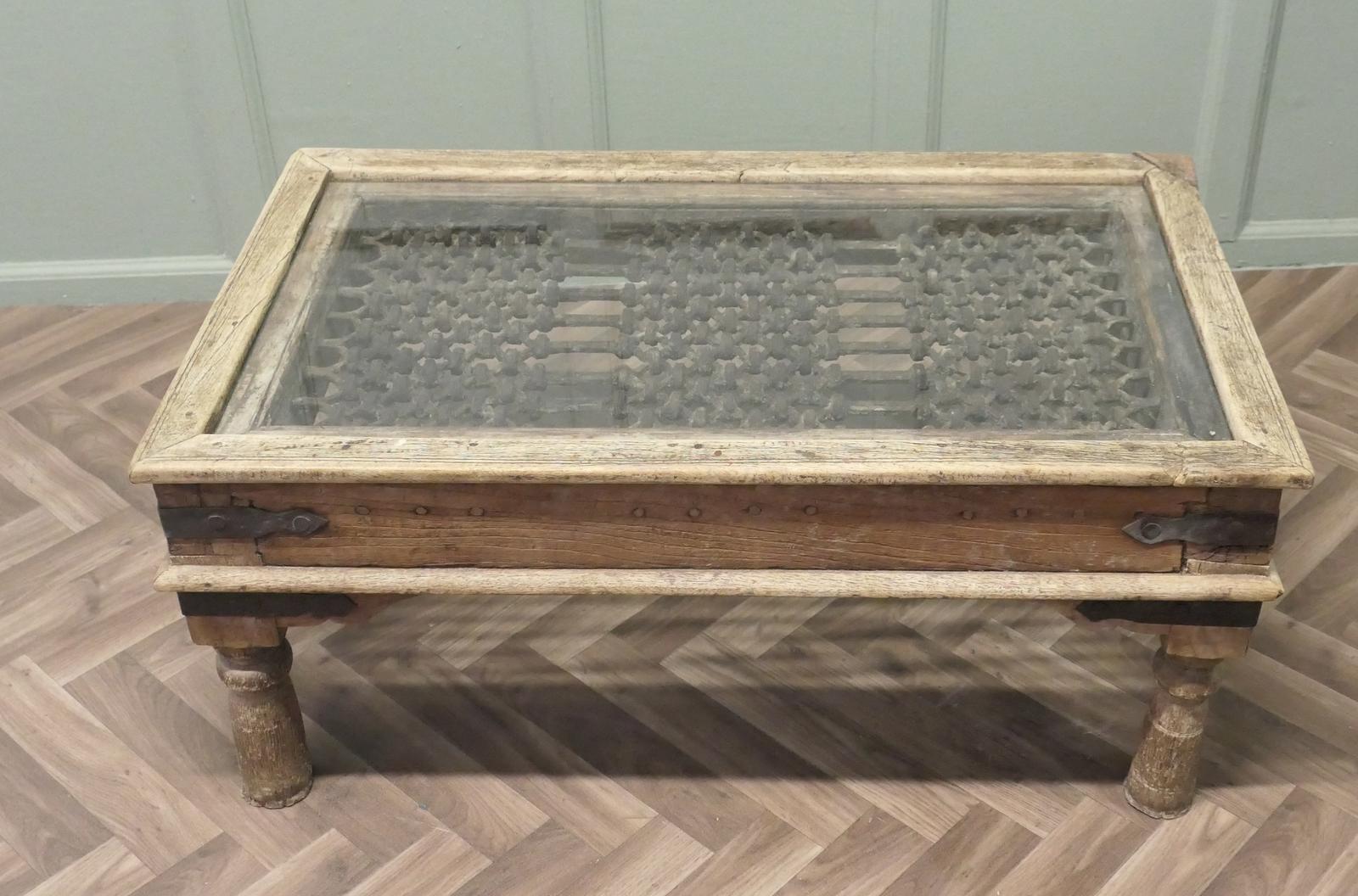 A Heavy Coffee Table with Inset Iron Grill Panel (1 of 6)