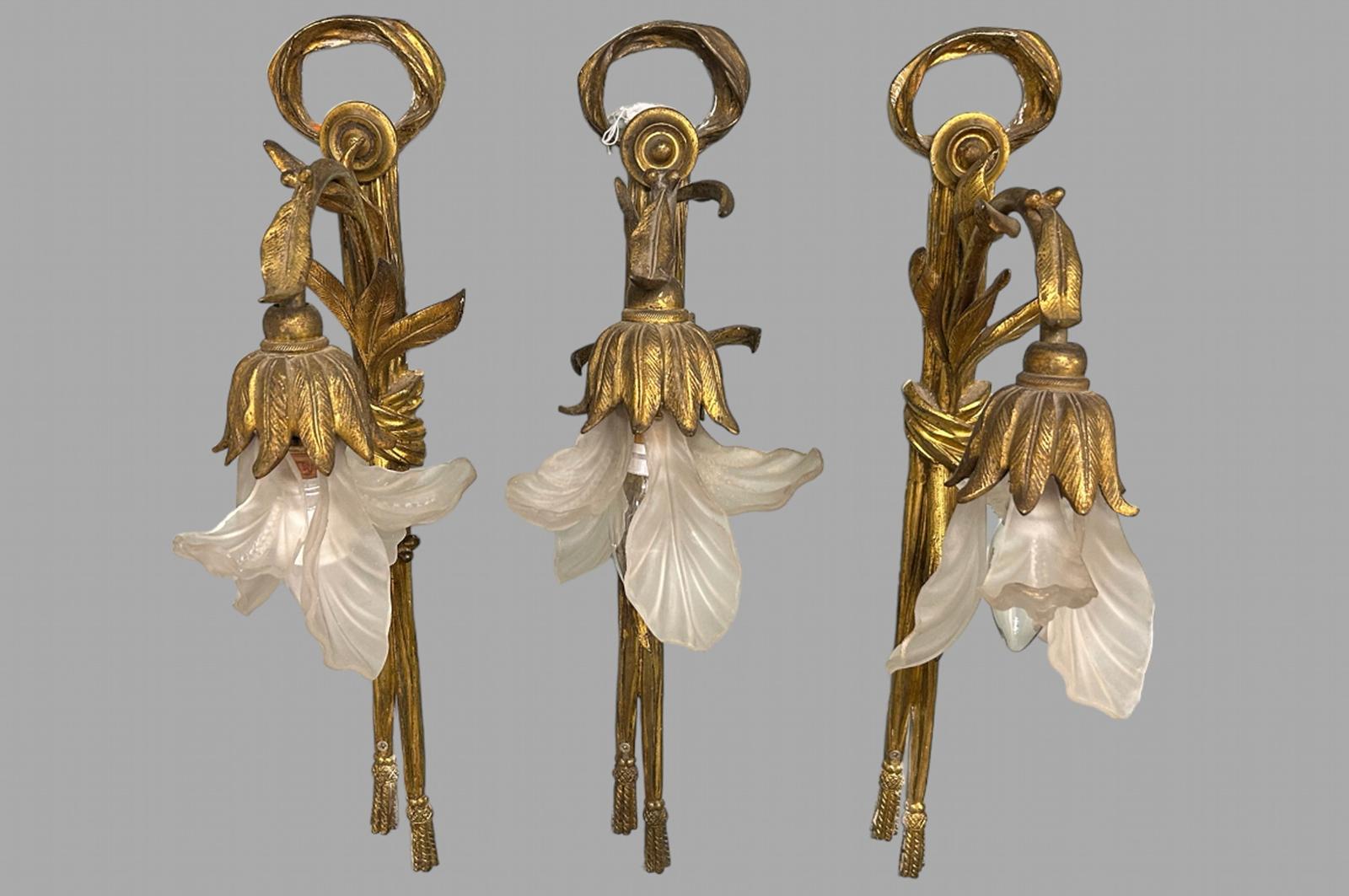 A Set of Three Late 19th Century Gilt and Glass Wall Lights (1 of 9) A Set of Three Late 19th Century Gilt and Glass Wall Lights (1 of 9)