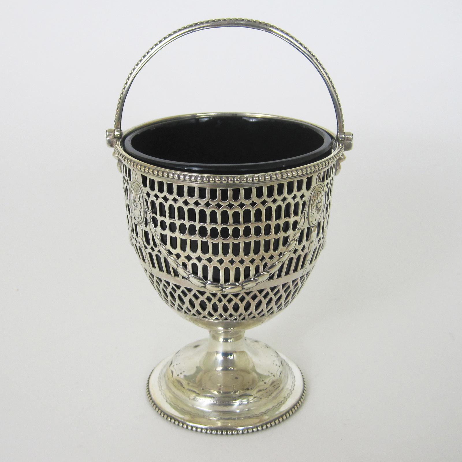 Victorian Silver Sugar Basket with Detachable Blue Glass Liner (1 of 8)