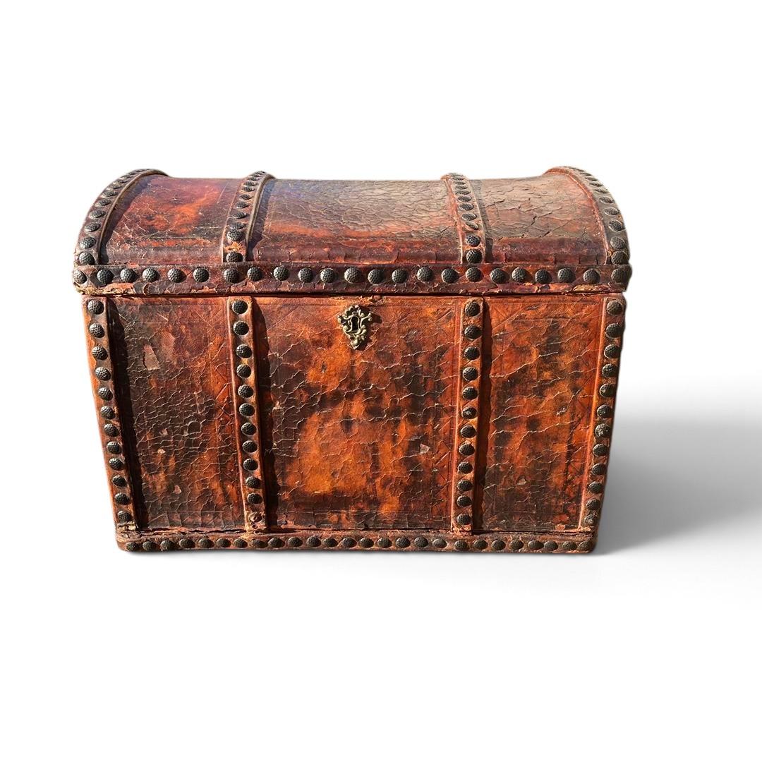 Antique Small Leather Bound Wooden Chest with Drawers Inside (1 of 19) Antique Small Leather Bound Wooden Chest with Drawers Inside (1 of 19)