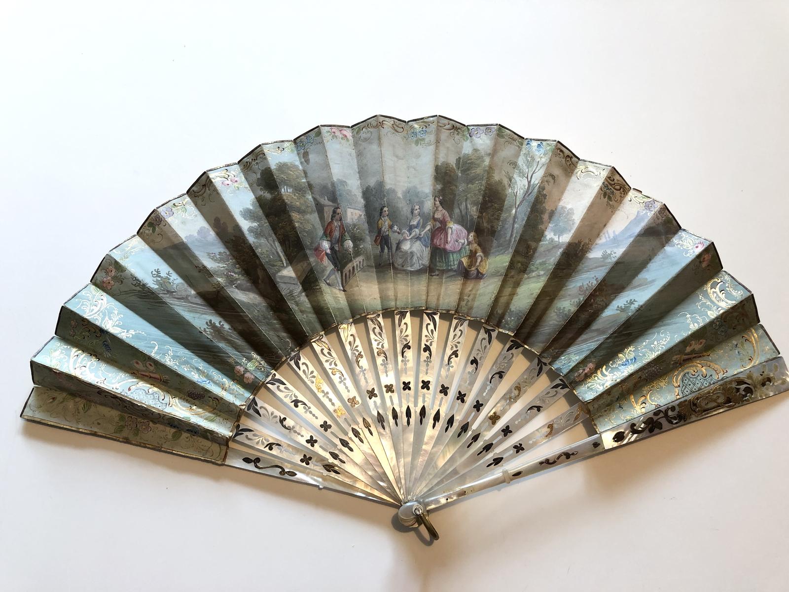Stunning Mother of Pearl Hand Fan with Painted Paper Mount - Georgian Garden Scene (1 of 10)