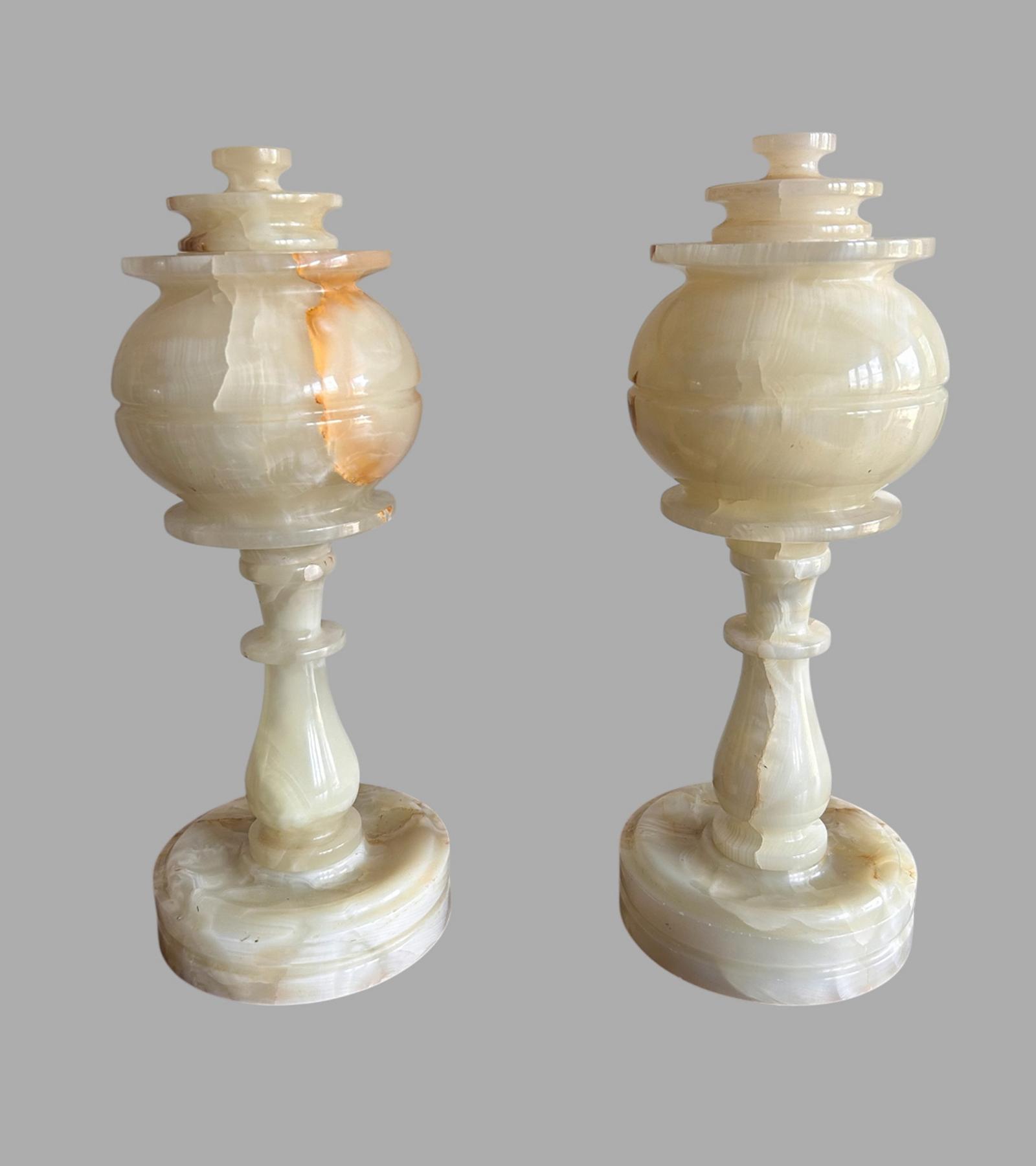 Unusual Pair of Antique Solid Onyx Table Lamps (1 of 5)