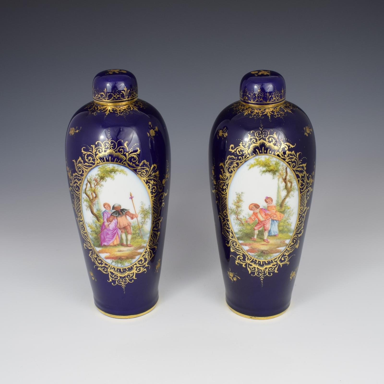 Pair of Large Dresden Porcelain Vases & Covers c.1880 (1 of 12)