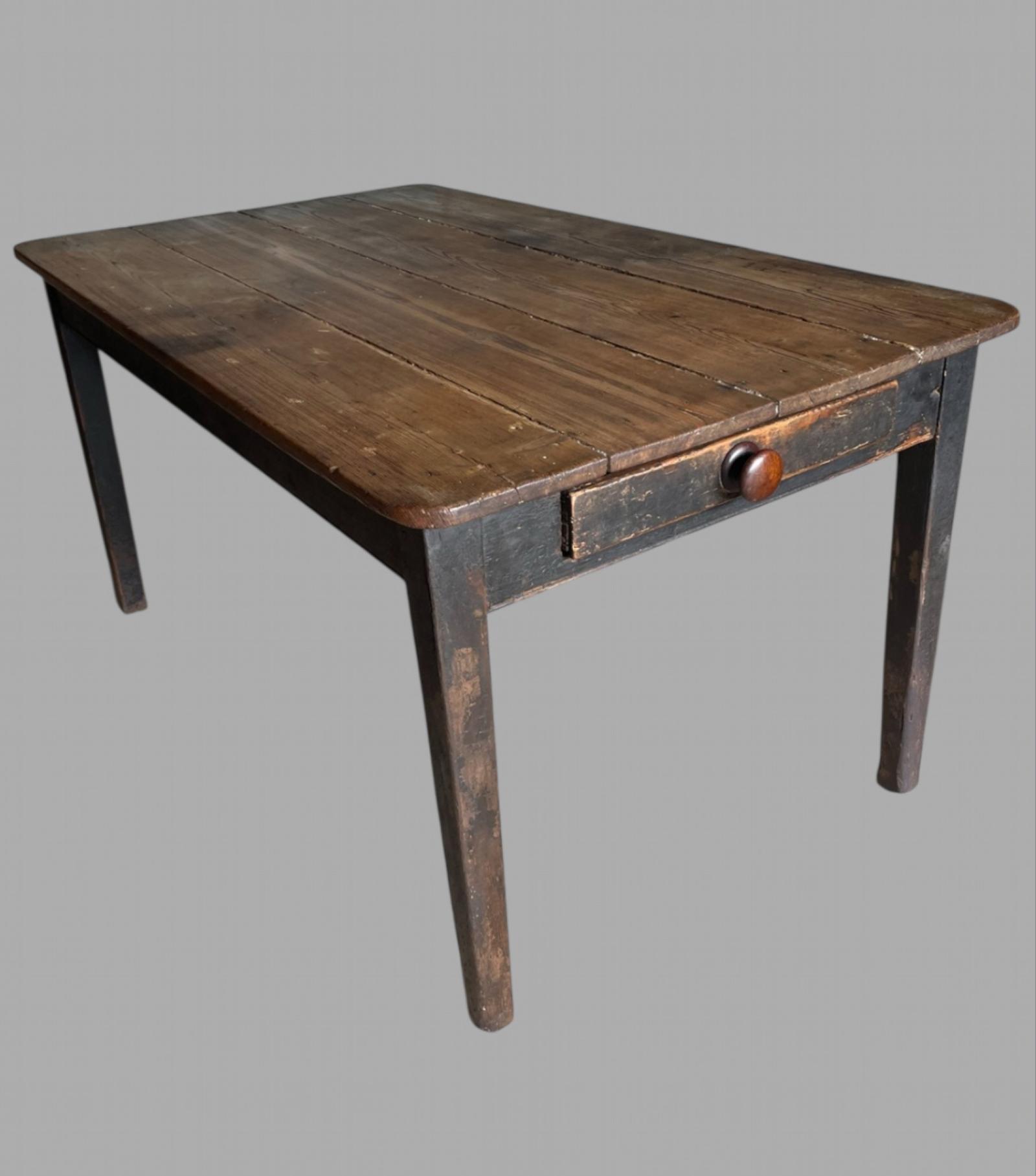 Rustic 19th Century Pine Plank Top Ebonised Farmhouse Table (1 of 9)