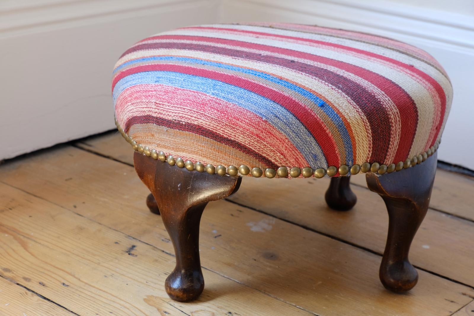 Early 20th Century Round Mahogany Kelim Covered Foot Stool 1001458
