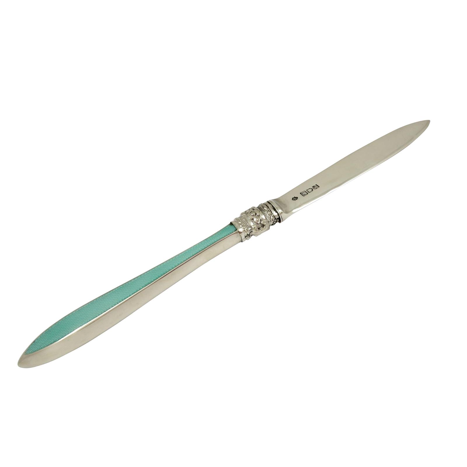 Antique Edwardian Sterling Silver & Green Enamel Letter Knife 1904 (1 of 6)