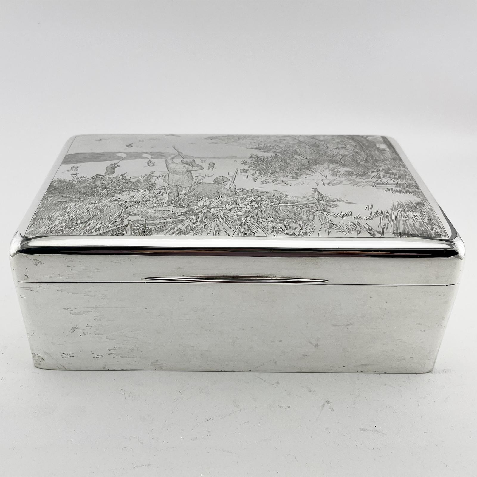 Large Antique Sterling Silver Shooting Scene Cigar or Trinket Box (1 of 12)