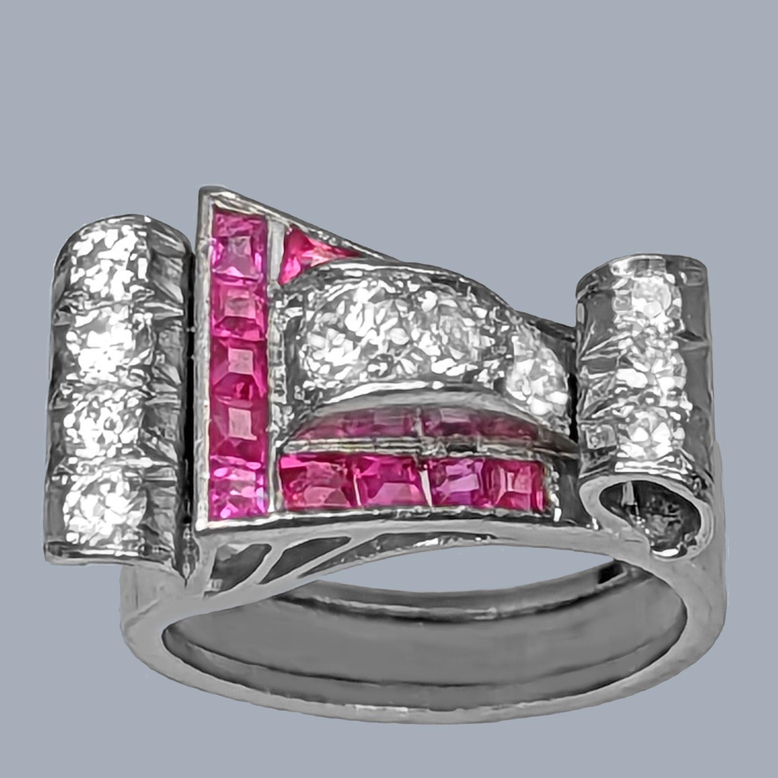 Art Deco Buckle Ring Diamond & Ruby Platinum Ring 1940s Large Vintage Retro Ring (1 of 9) Art Deco Buckle Ring Diamond & Ruby Platinum Ring 1940s Large Vintage Retro Ring (1 of 9)