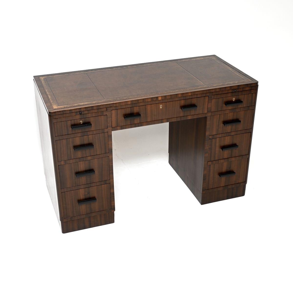 Art Deco Figured Walnut Leather Top Pedestal Desk (1 of 10) Art Deco Figured Walnut Leather Top Pedestal Desk (1 of 10)
