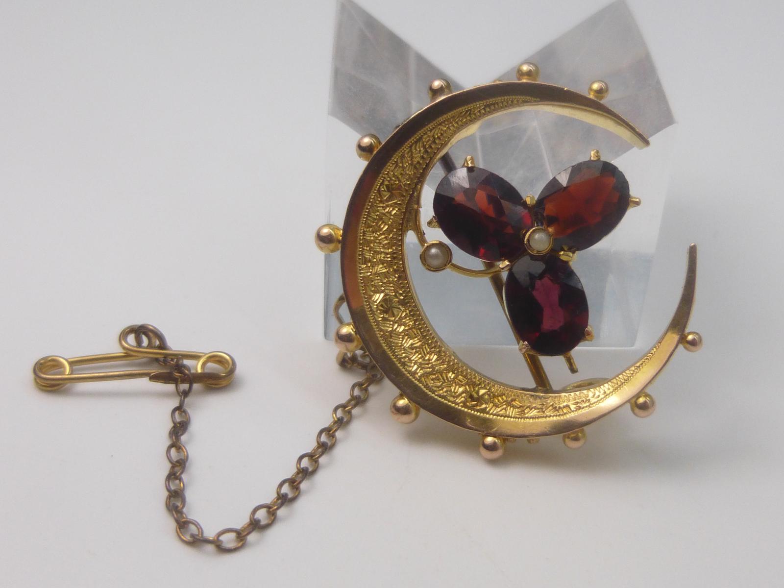 Edwardian 14ct Gold Garnet & Seed Pearl Crescent Brooch (1 of 7)