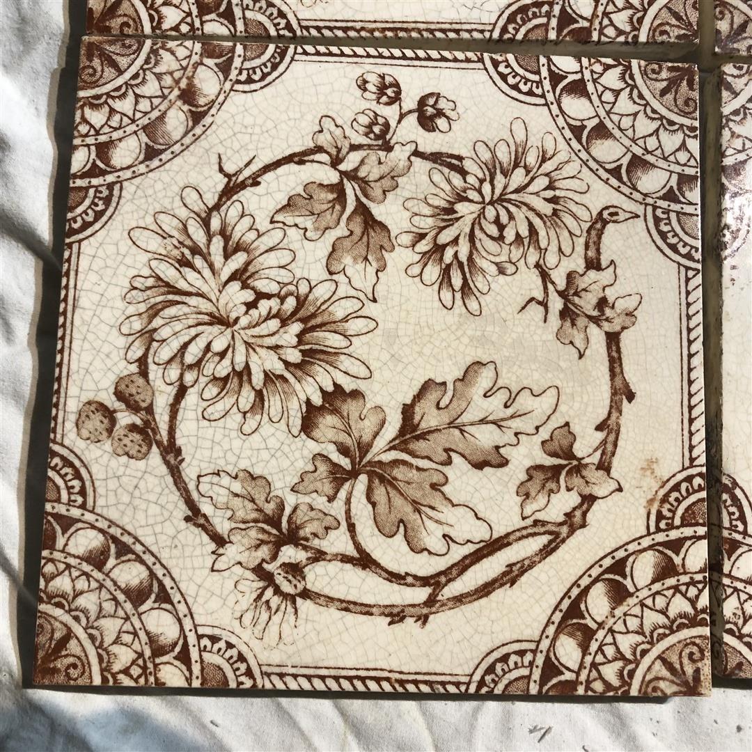 Four Antique Fireplace Tiles with Honeysuckle Design (1 of 7)