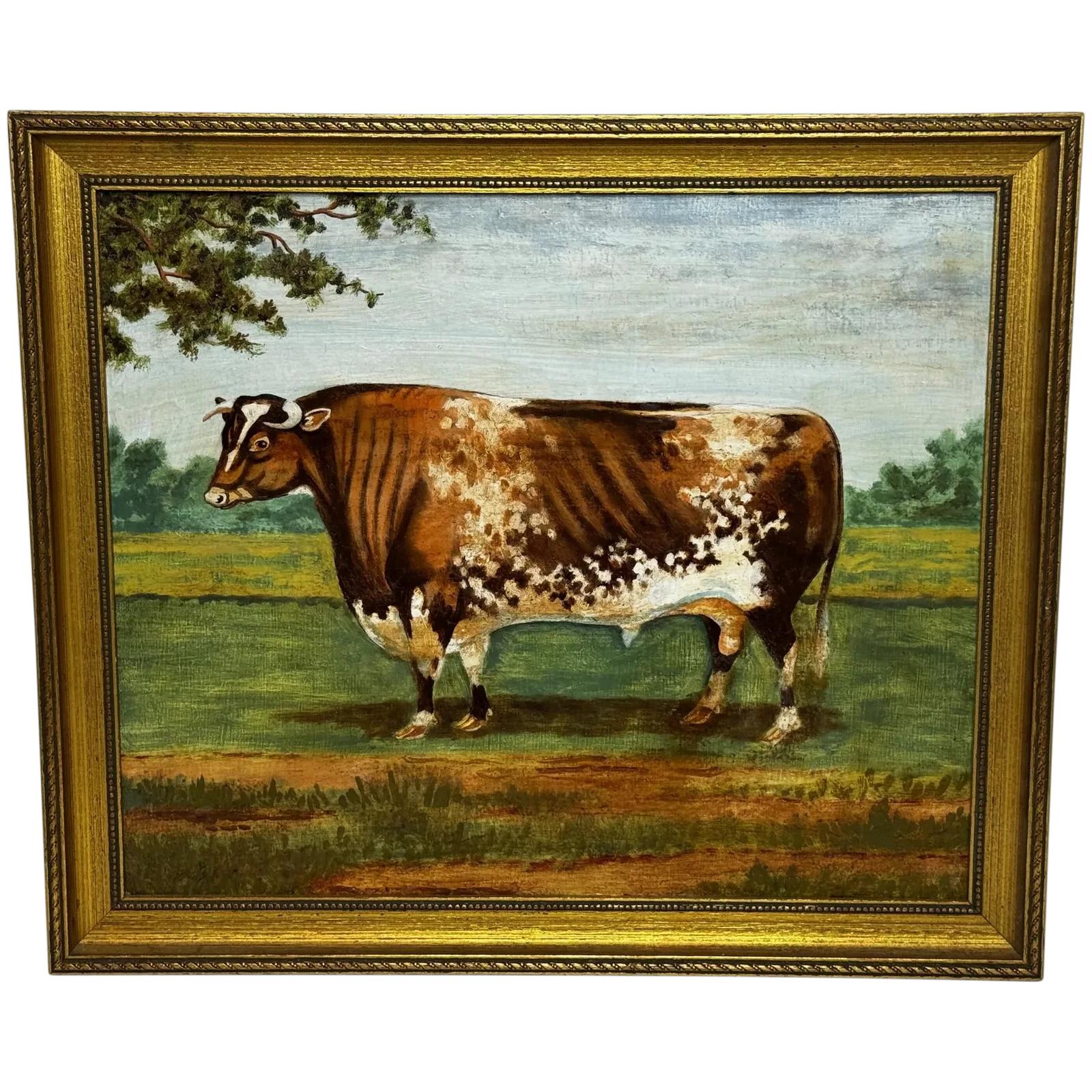 Victorian Shorthorn Bull Oil Painting British Naïve School Prize Livestock Portrait in The Manner of William Ward (1 of 47)