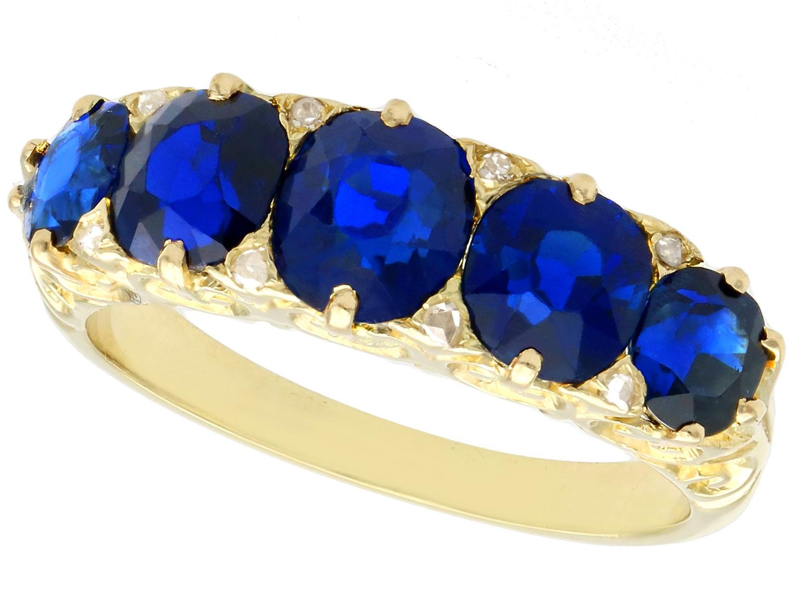 Antique 3.15ct Basaltic Sapphire & Diamond 15ct Yellow Gold Five Stone Ring c.1910 (1 of 13)
