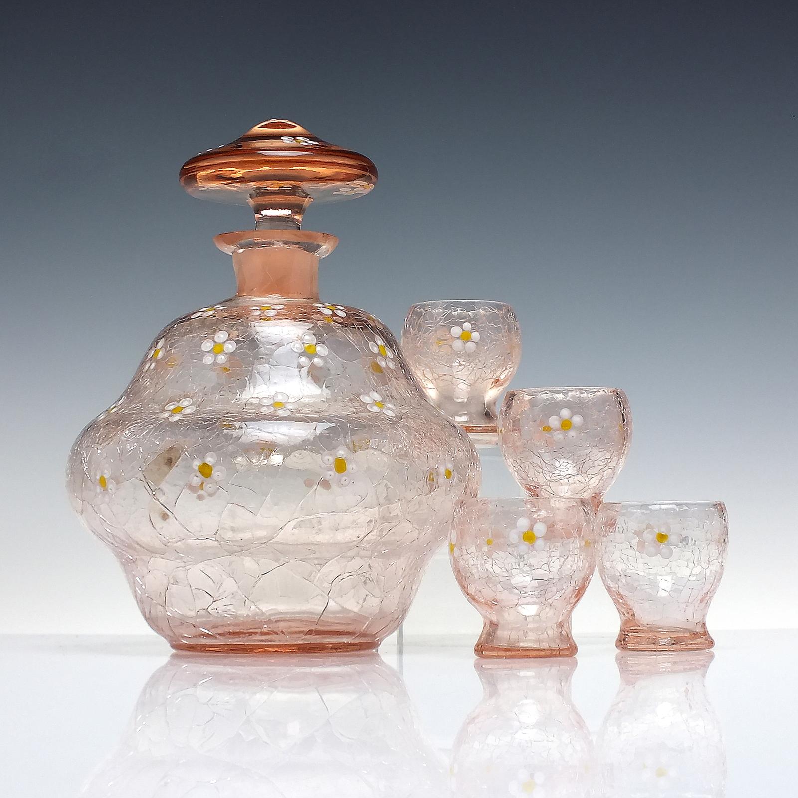 Vintage Peach Pink Crackle Glass Spirit Decanter with Enamelled Flowers c.1950 (1 of 7)